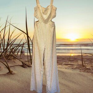 Lined Linen Pantsuit by Dee Elly (size S); White and Tan Stripes, Side Cut-outs